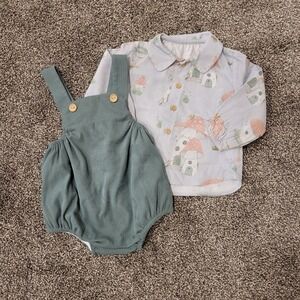 Del Sur Baby Boys Girls 9M Corduroy Overalls & Mushroom Print Shirt Set